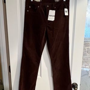 Dark brown, corduroy Gap pants. Thin wale, boot cut, 28r.